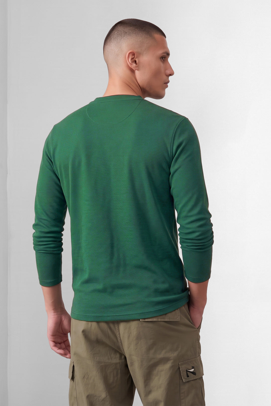 Bottle Green Full Sleeve Henley Neck Cotton T-Shirt