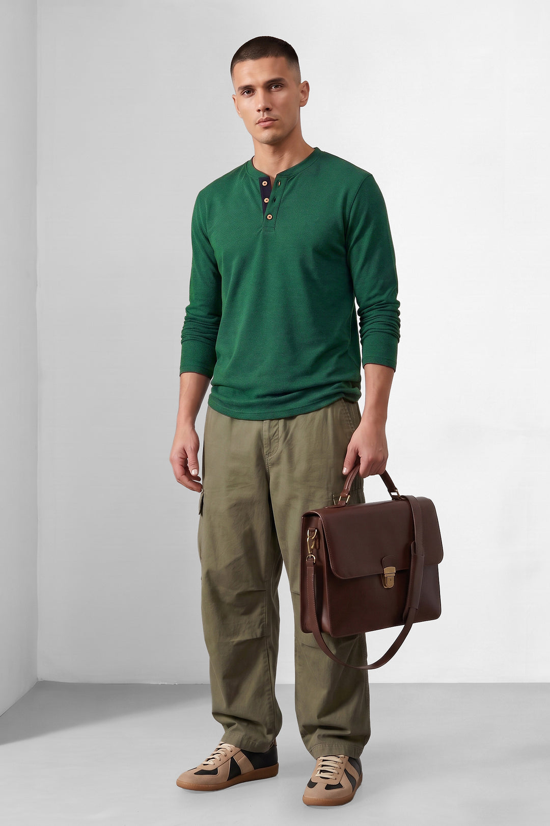 Bottle Green Full Sleeve Henley Neck Cotton T-Shirt