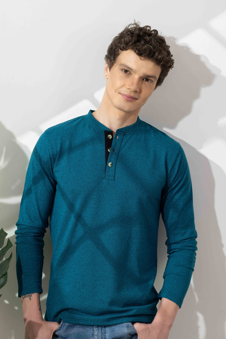 Turquoise Blue Self Design Henley T-Shirt