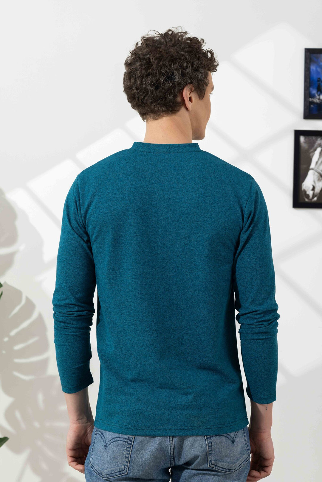 Turquoise Blue Self Design Henley T-Shirt
