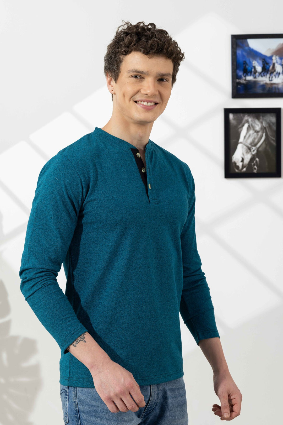 Turquoise Blue Self Design Henley T-Shirt