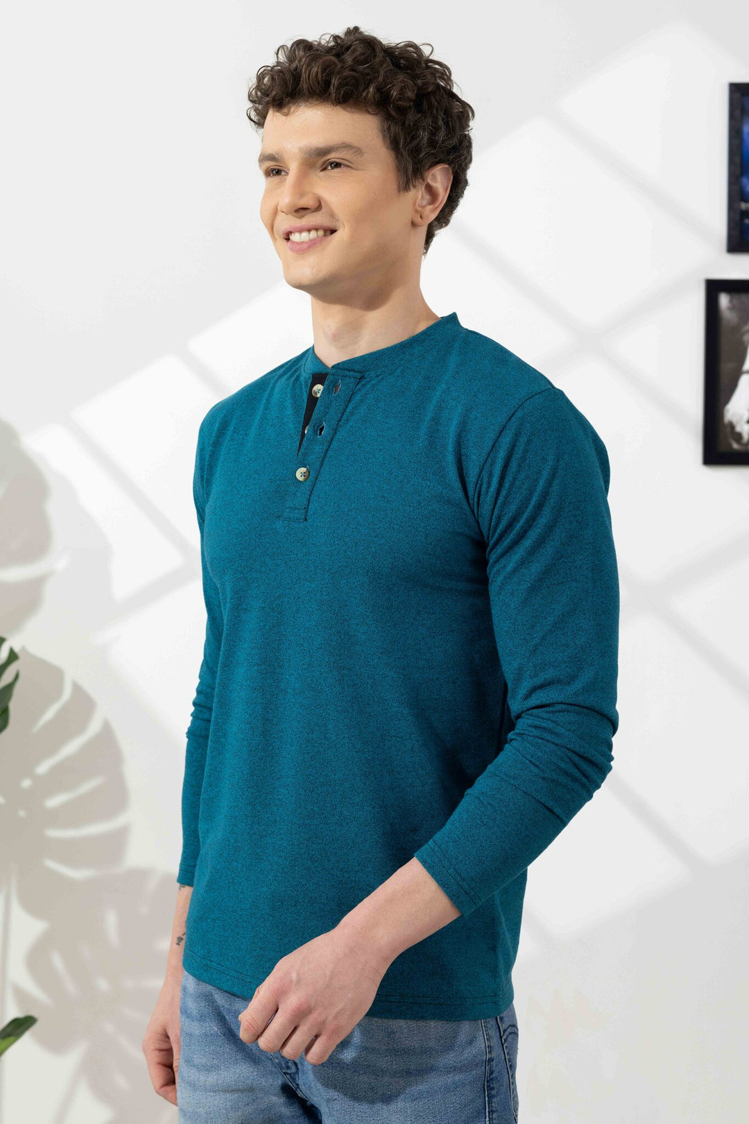 Turquoise Blue Self Design Henley T-Shirt
