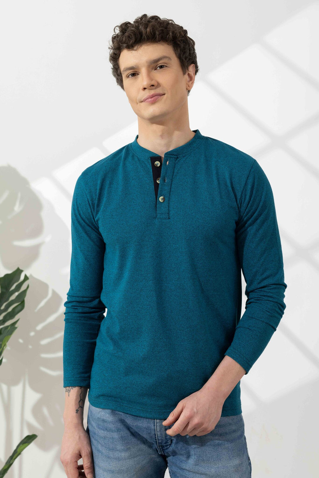 Turquoise Blue Self Design Henley T-Shirt