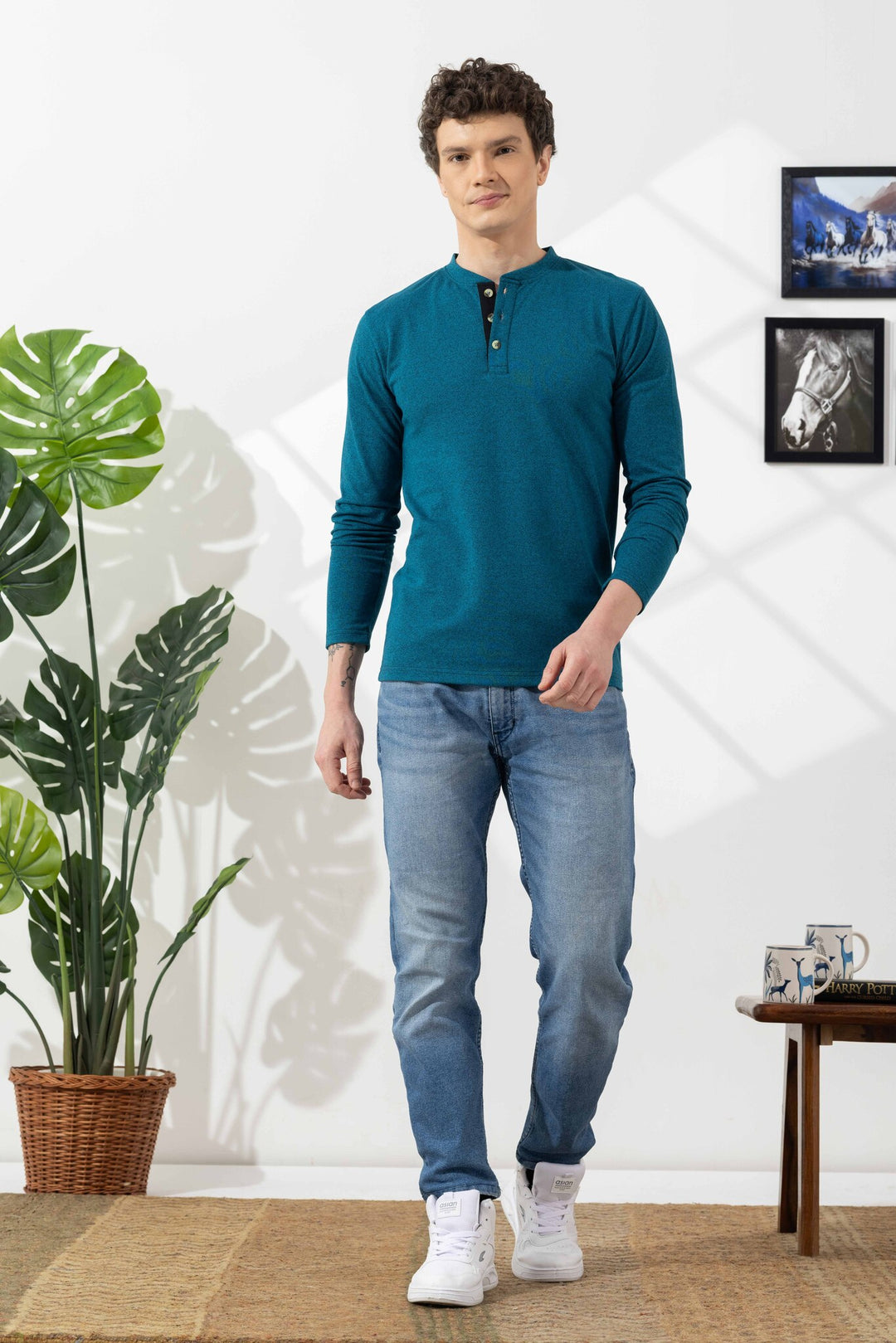 Turquoise Blue Self Design Henley T-Shirt