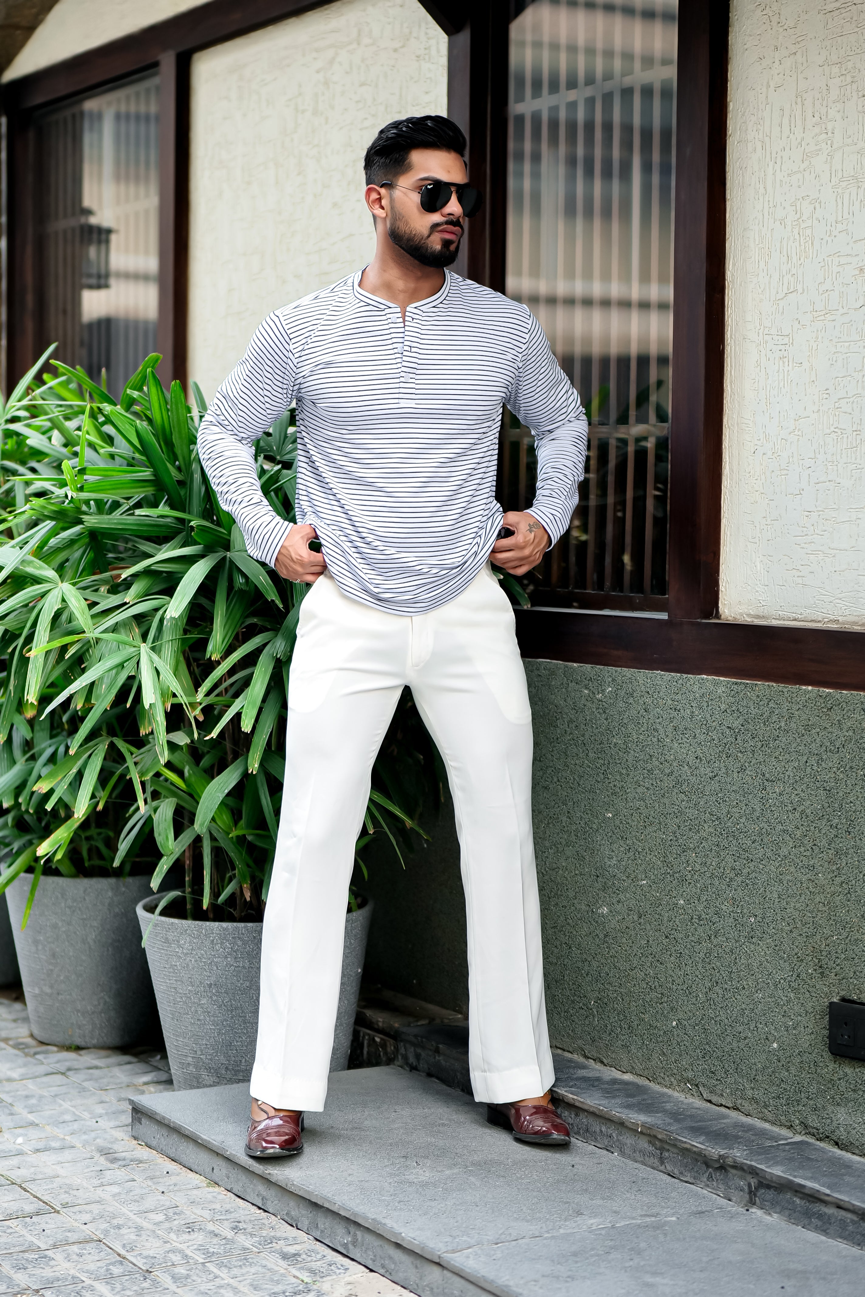 White Cotton Striper Henley Neck T-Shirt