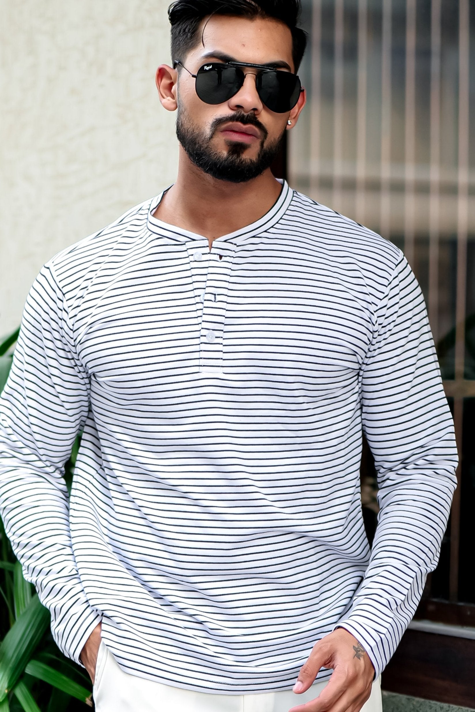 White Cotton Striper Henley Neck T-Shirt