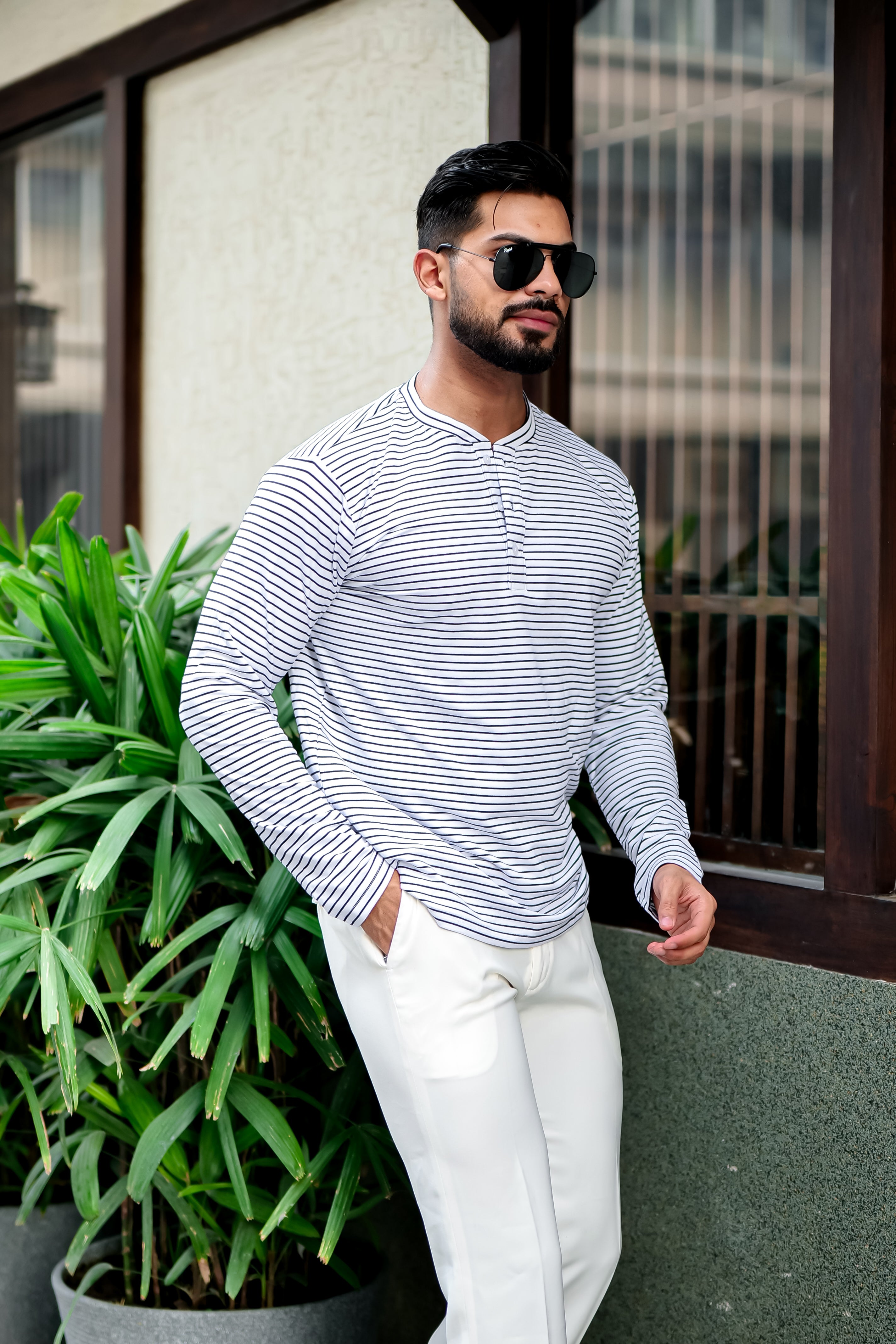 White Cotton Striper Henley Neck T-Shirt
