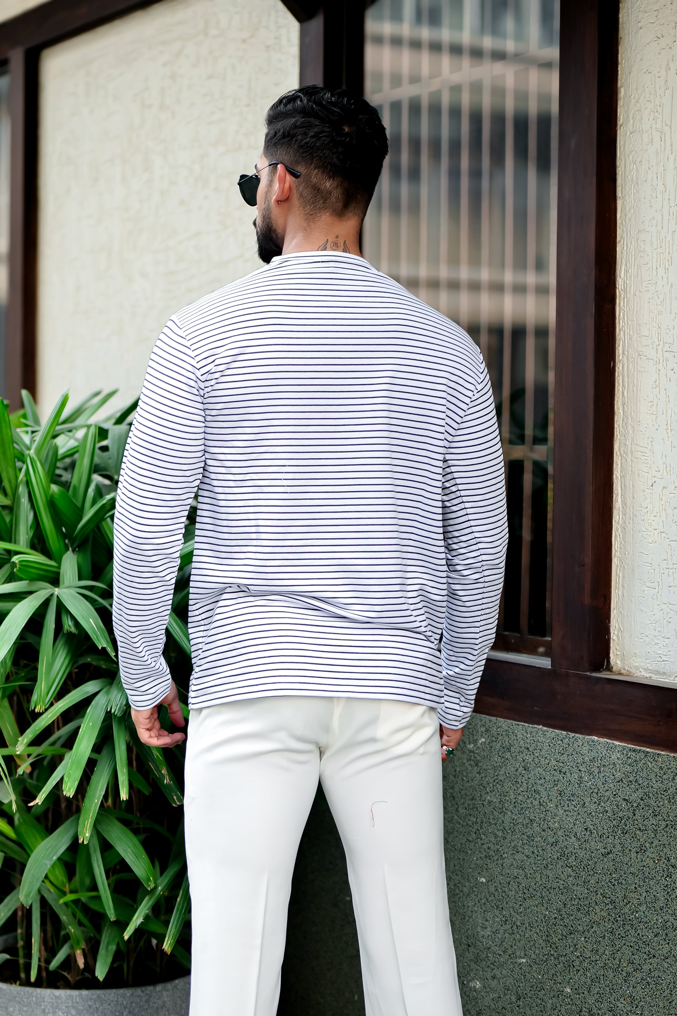 White Cotton Striper Henley Neck T-Shirt