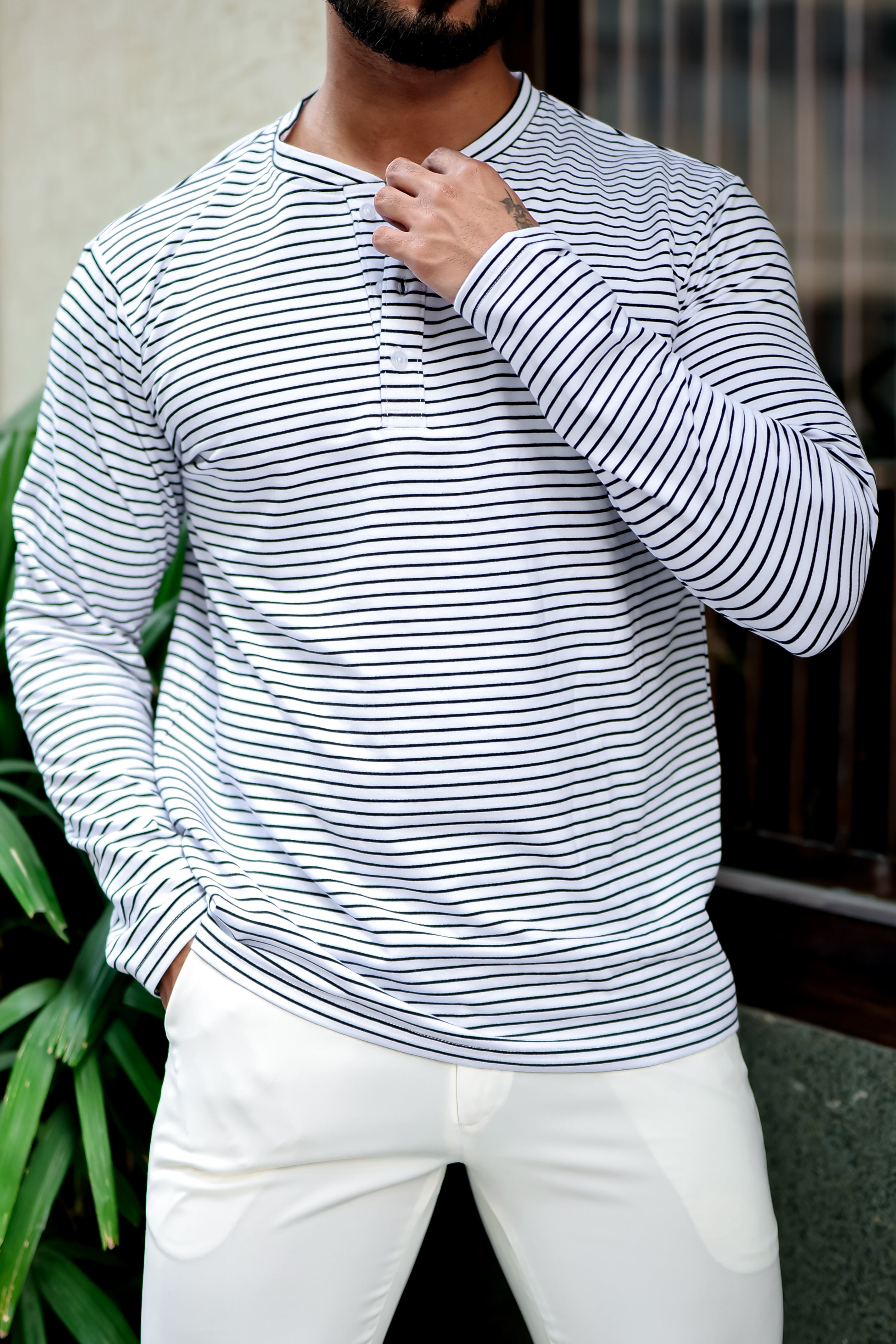 White Cotton Striper Henley Neck T-Shirt