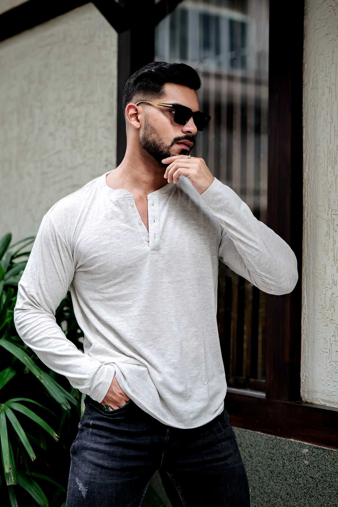 Beige Self Design Henley Neck T-Shirt