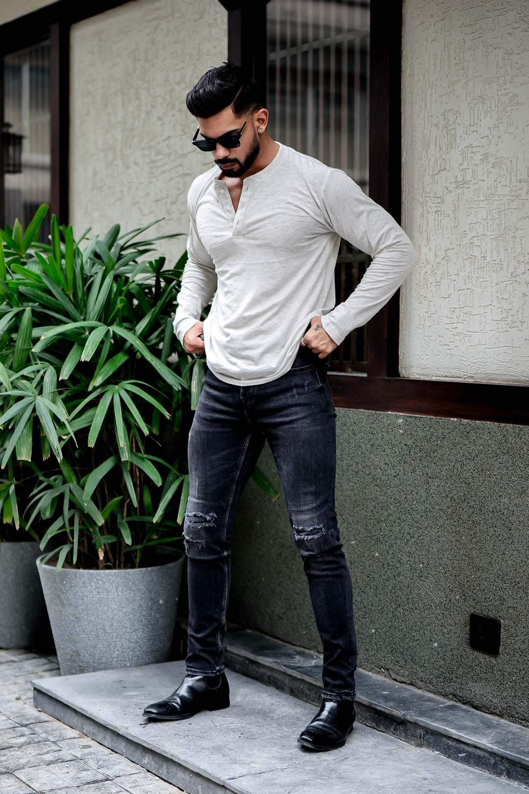 Beige Self Design Henley Neck T-Shirt