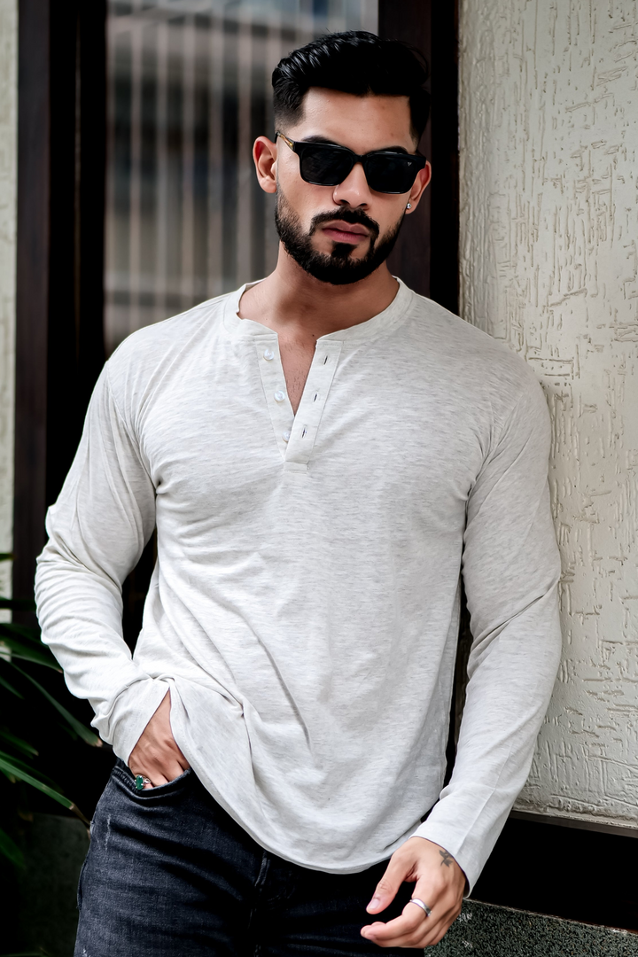 Beige Self Design Henley Neck T-Shirt