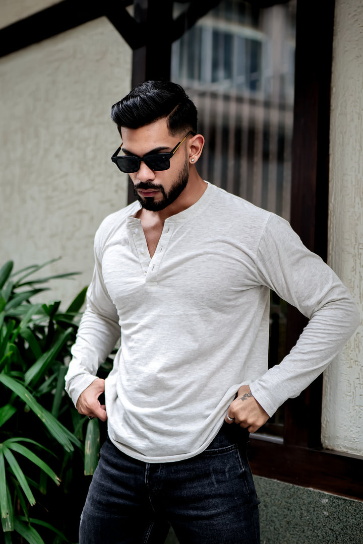 Beige Self Design Henley Neck T-Shirt