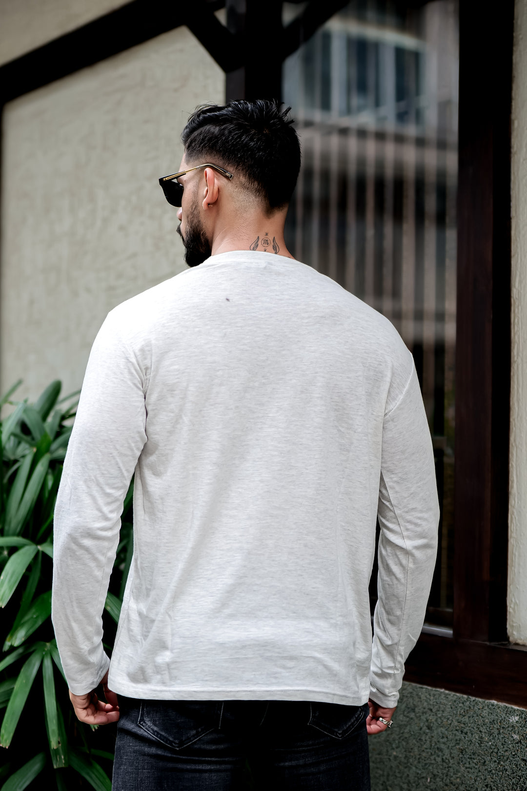 Beige Self Design Henley Neck T-Shirt