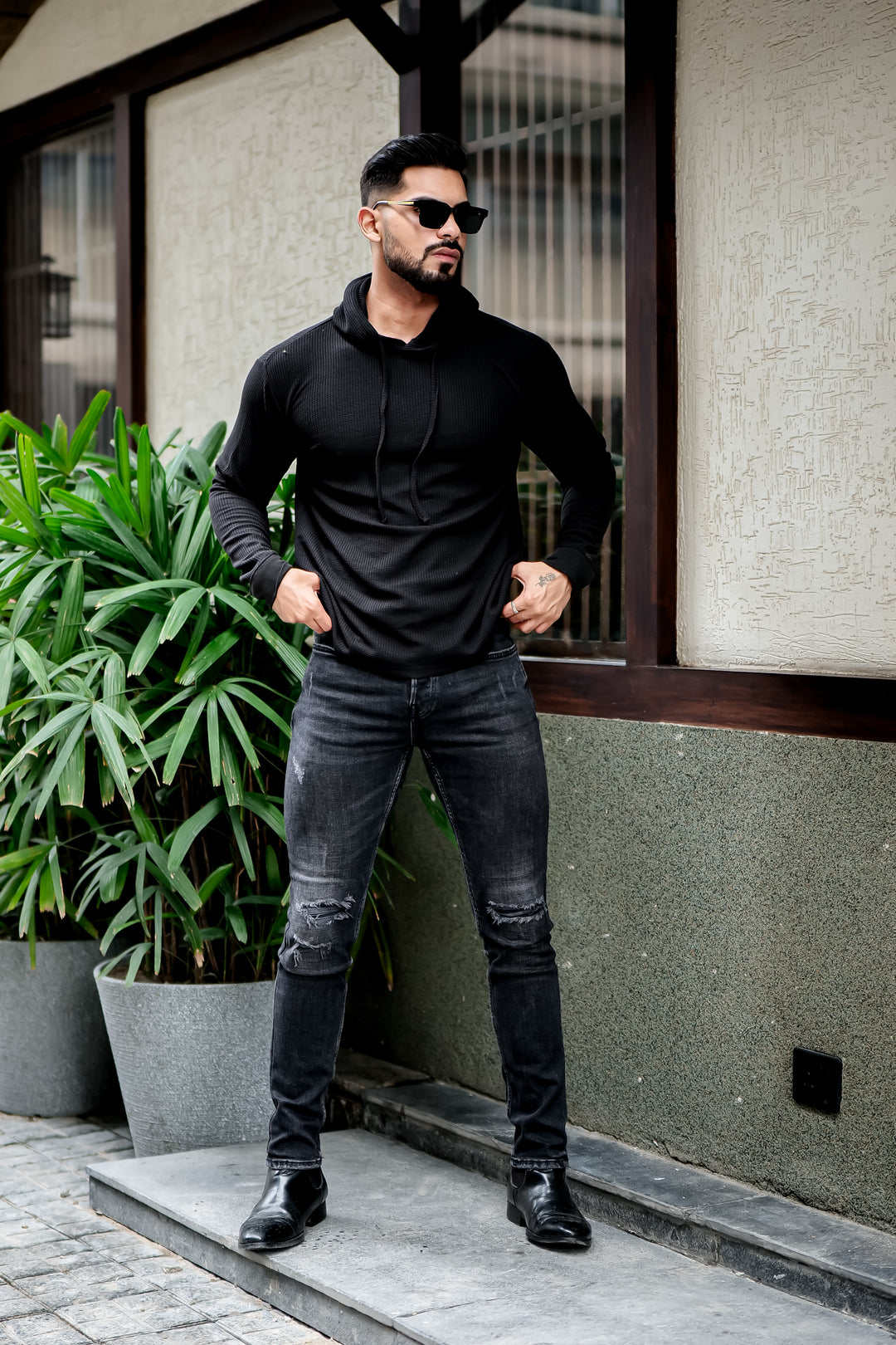 Black Waffle Hooded T-Shirt