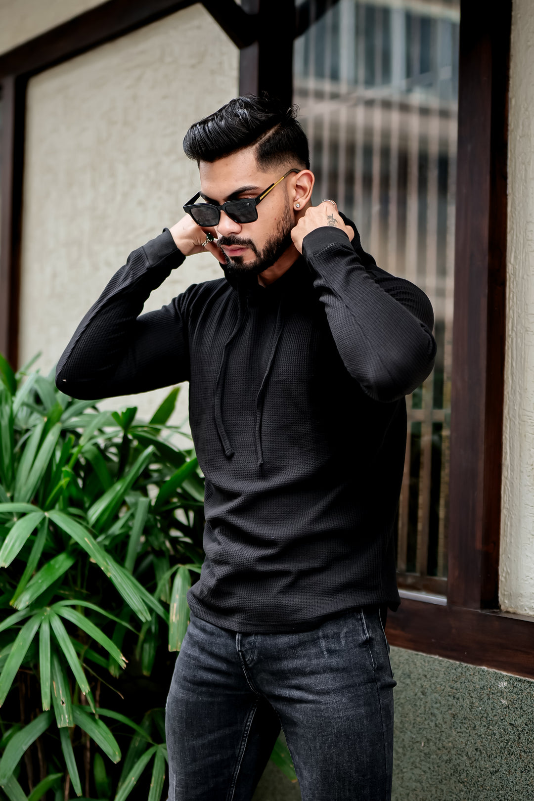 Black Waffle Hooded T-Shirt