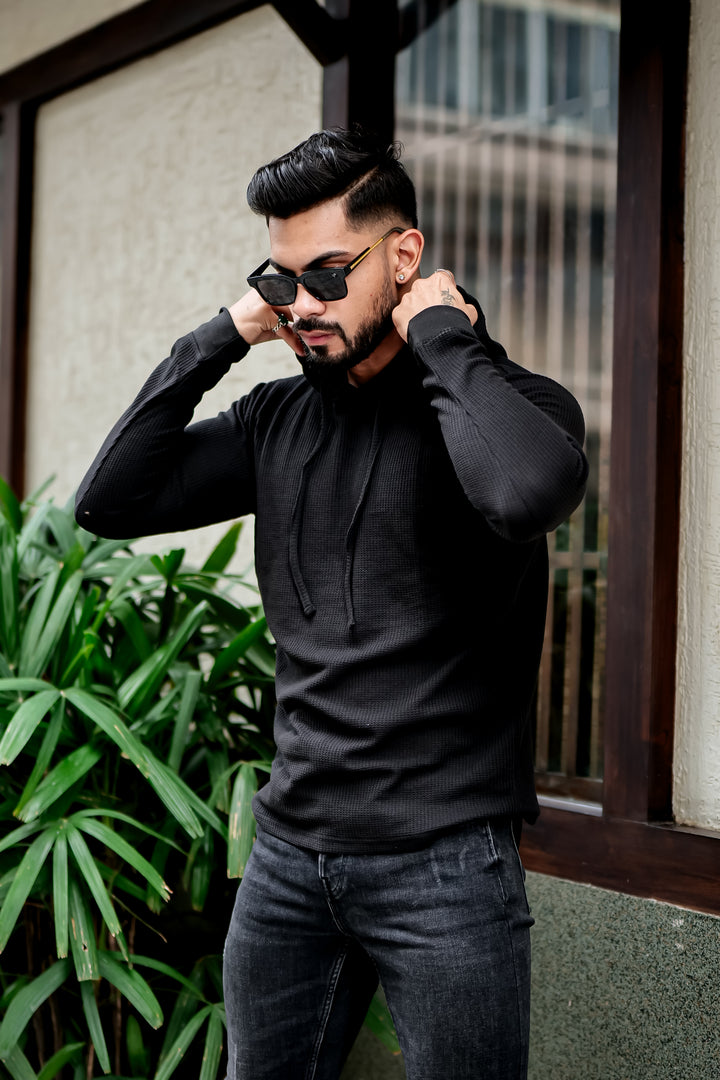 Black Waffle Hooded T-Shirt