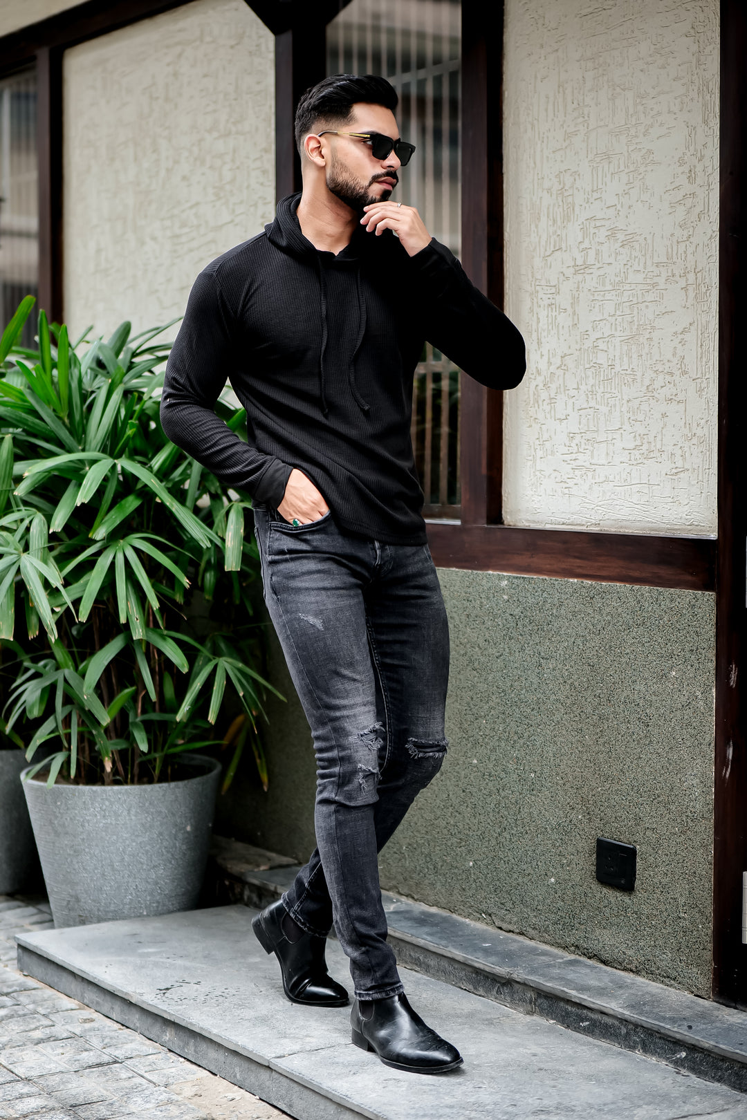 Black Waffle Hooded T-Shirt