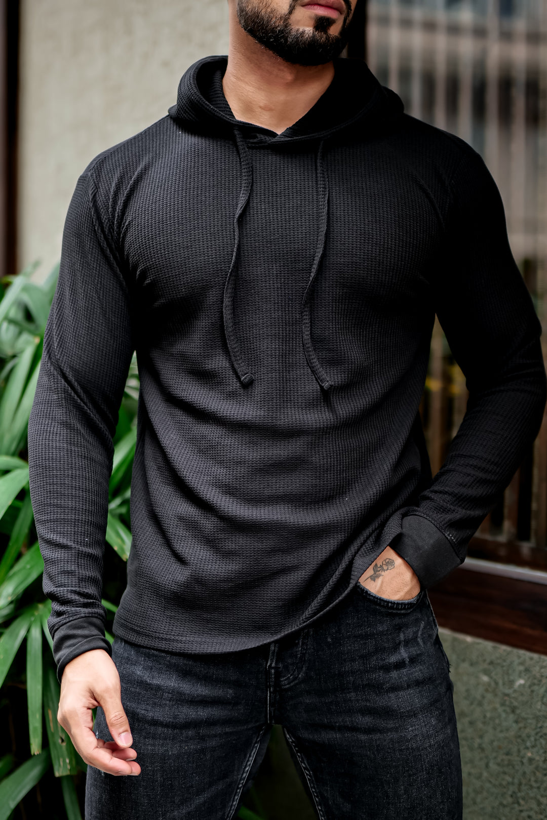 Black Waffle Hooded T-Shirt
