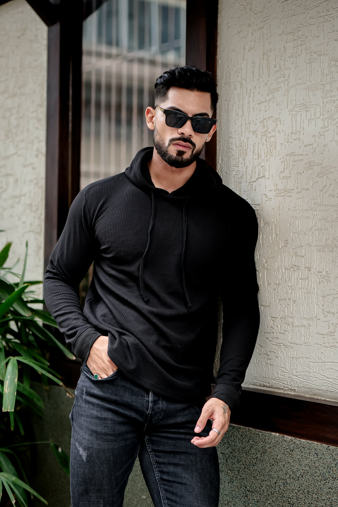 Black Waffle Hooded T-Shirt