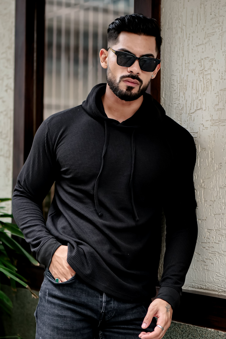 Black Waffle Hooded T-Shirt