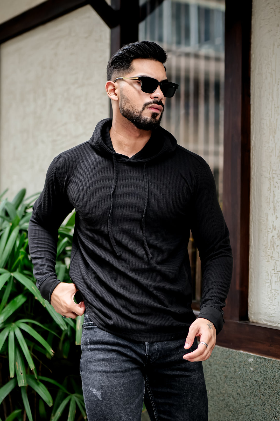 Black Waffle Hooded T-Shirt