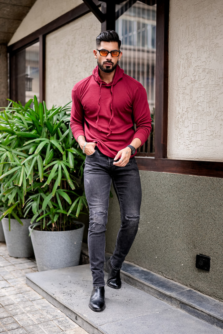 Maroon Waffle Hooded T-Shirt