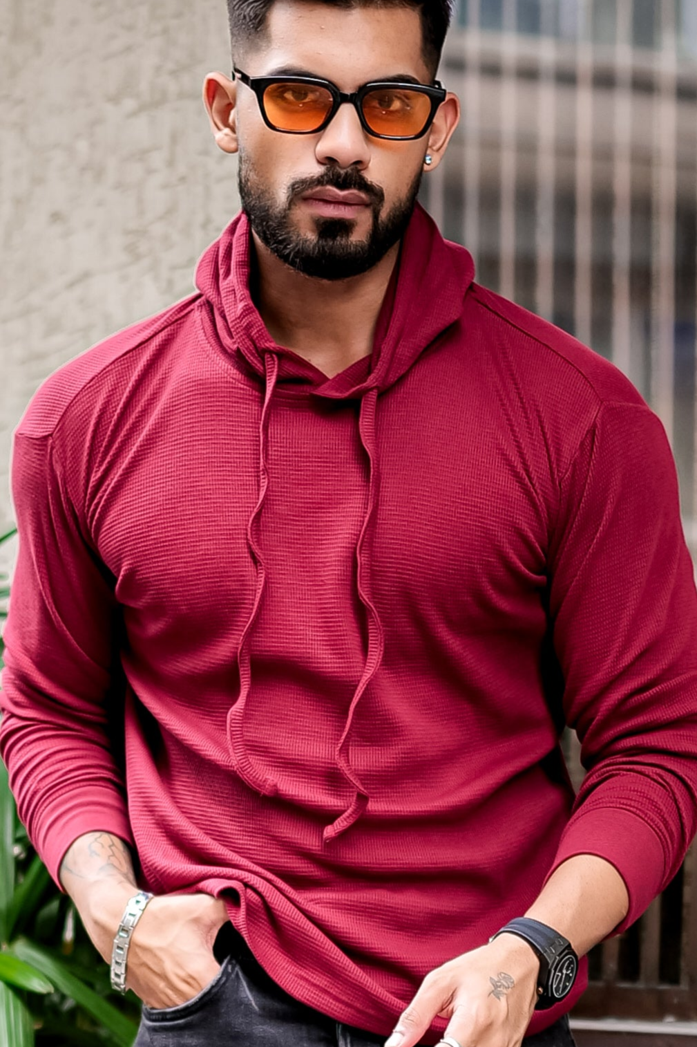 Maroon Waffle Hooded T-Shirt