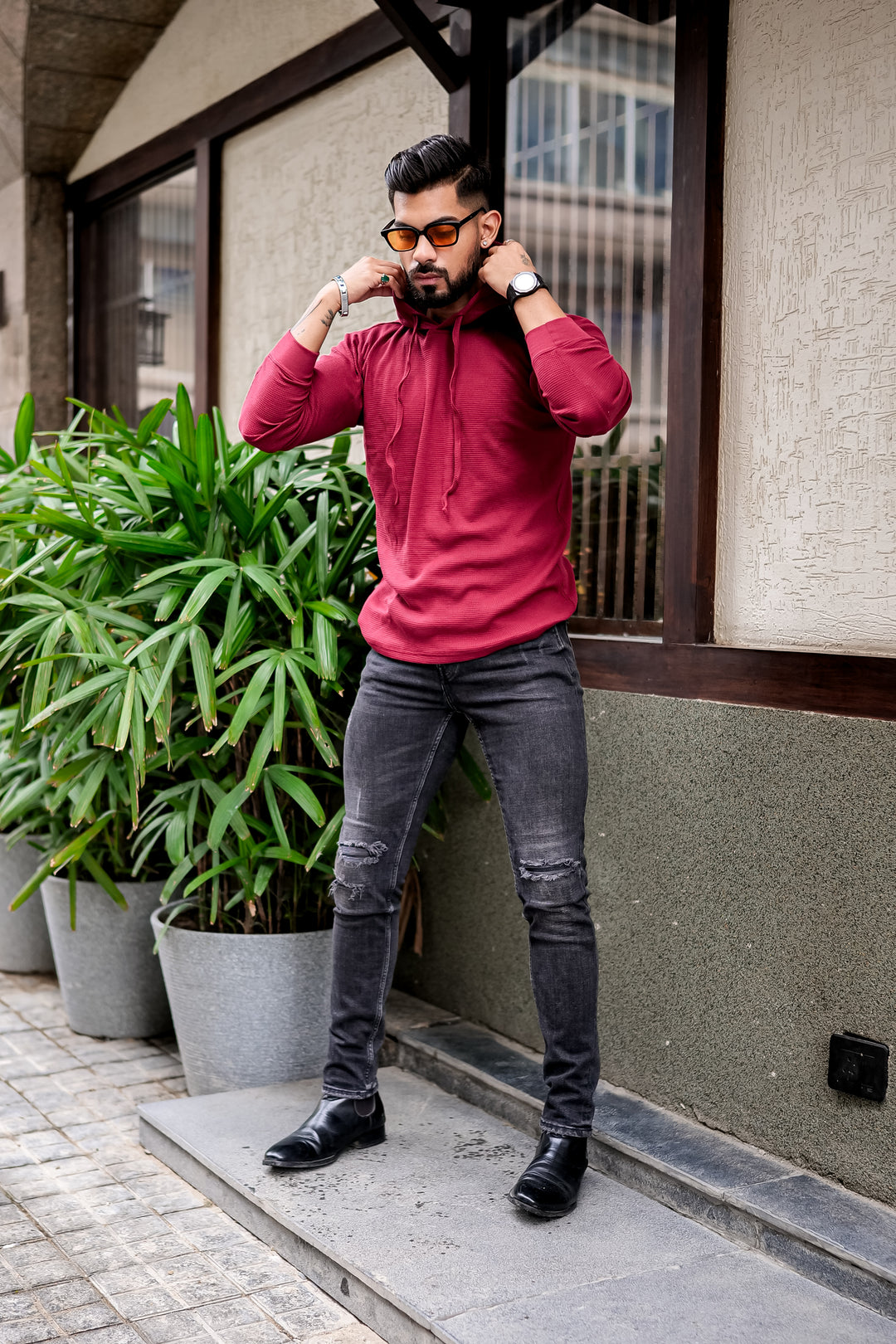 Maroon Waffle Hooded T-Shirt