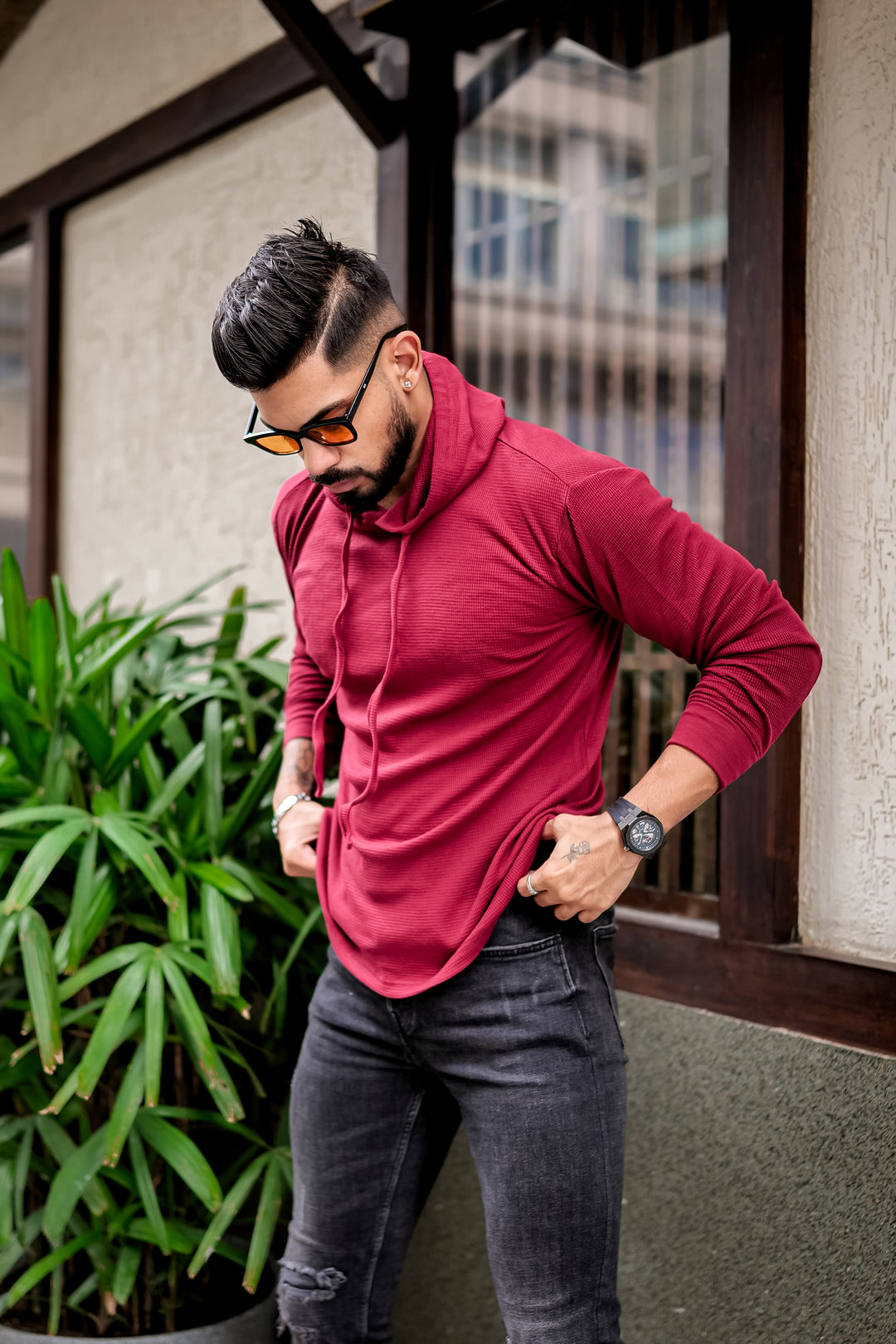 Maroon Waffle Hooded T-Shirt