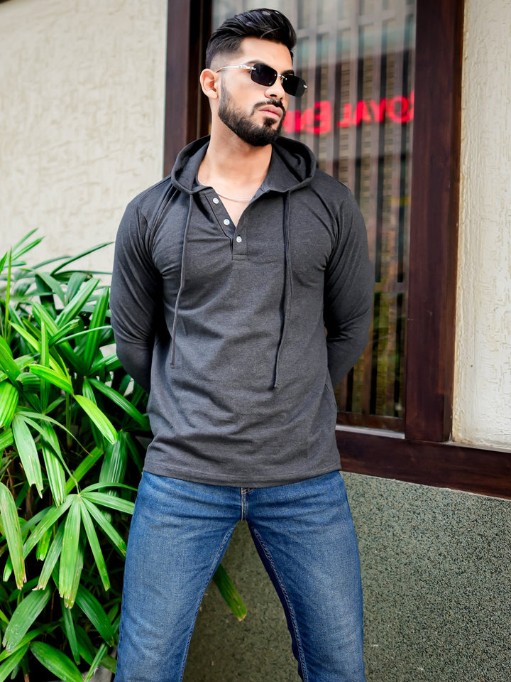 Dark Grey Placket Hooded T-shirt