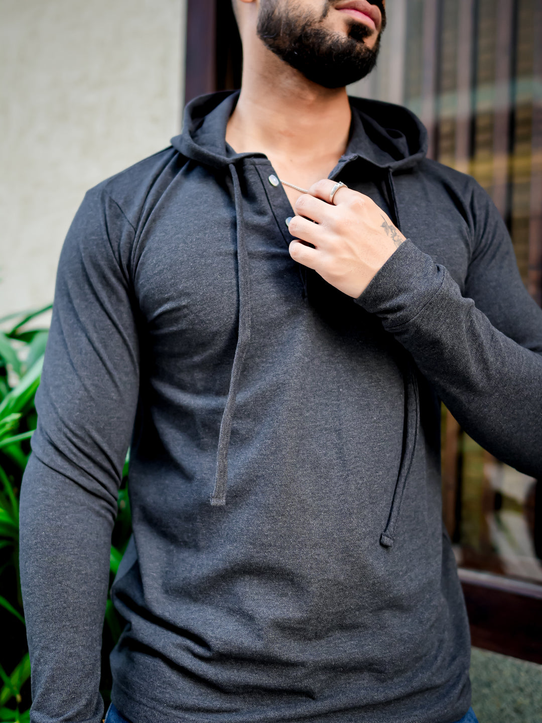 Dark Grey Placket Hooded T-shirt