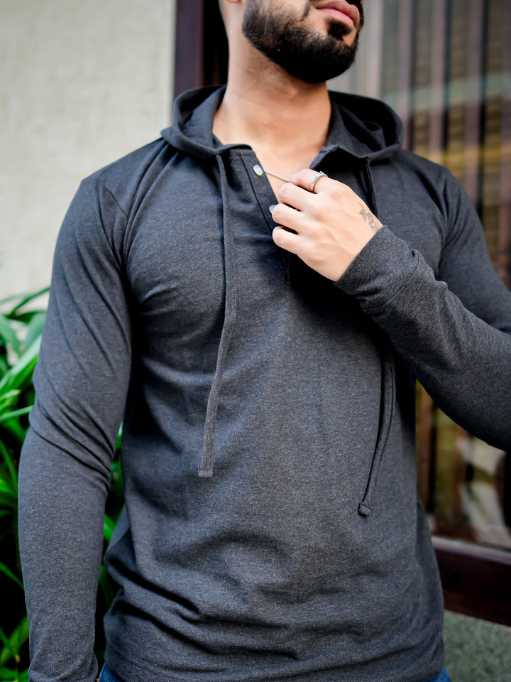 Dark Grey Placket Hooded T-shirt