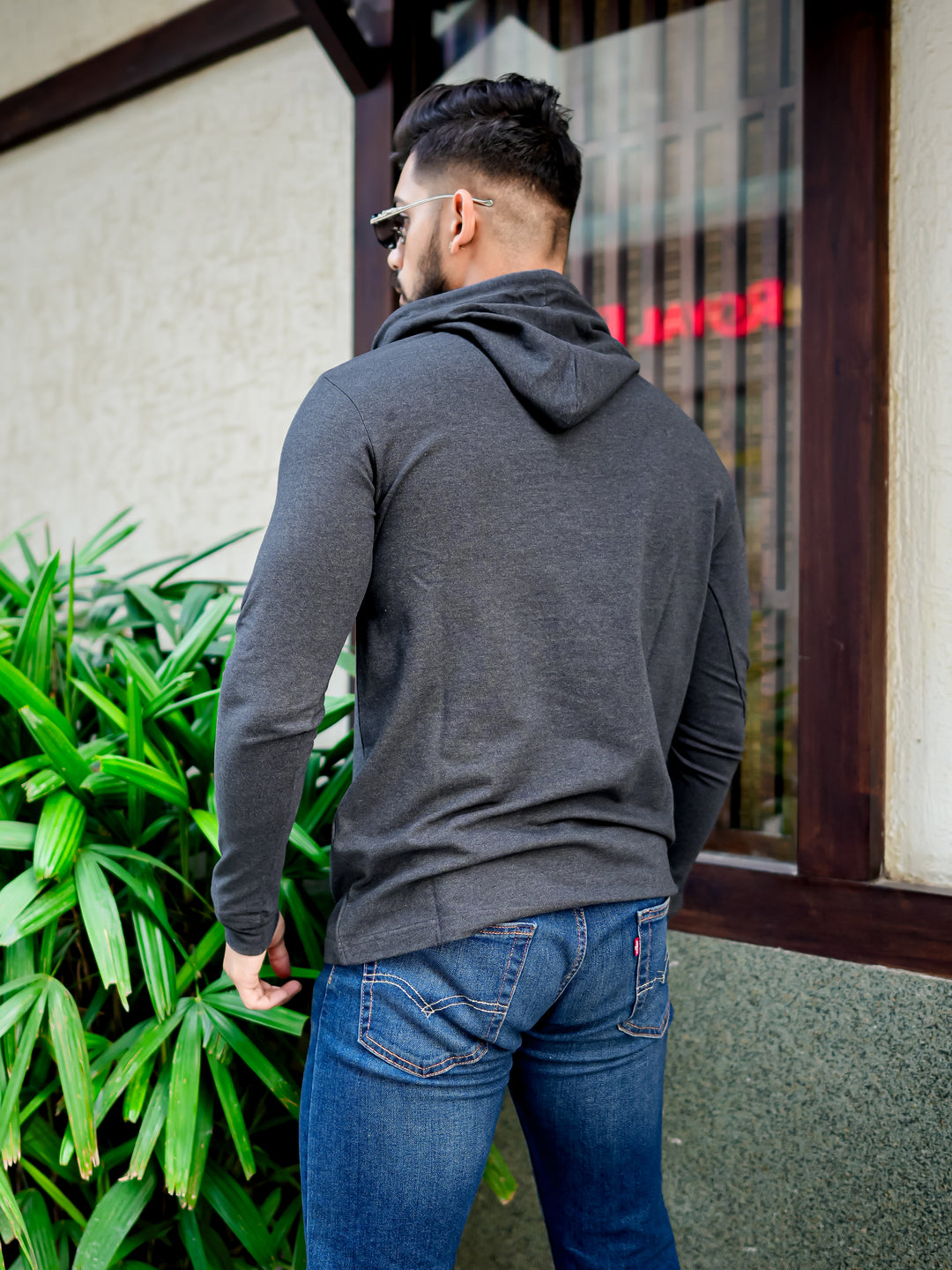 Dark Grey Placket Hooded T-shirt