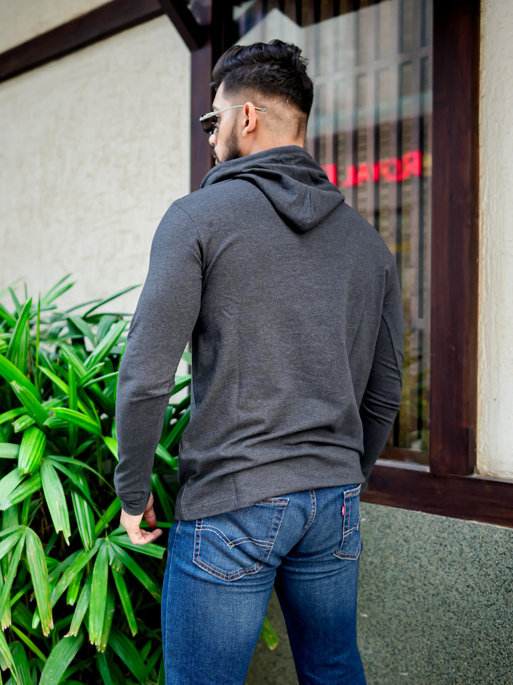 Dark Grey Placket Hooded T-shirt