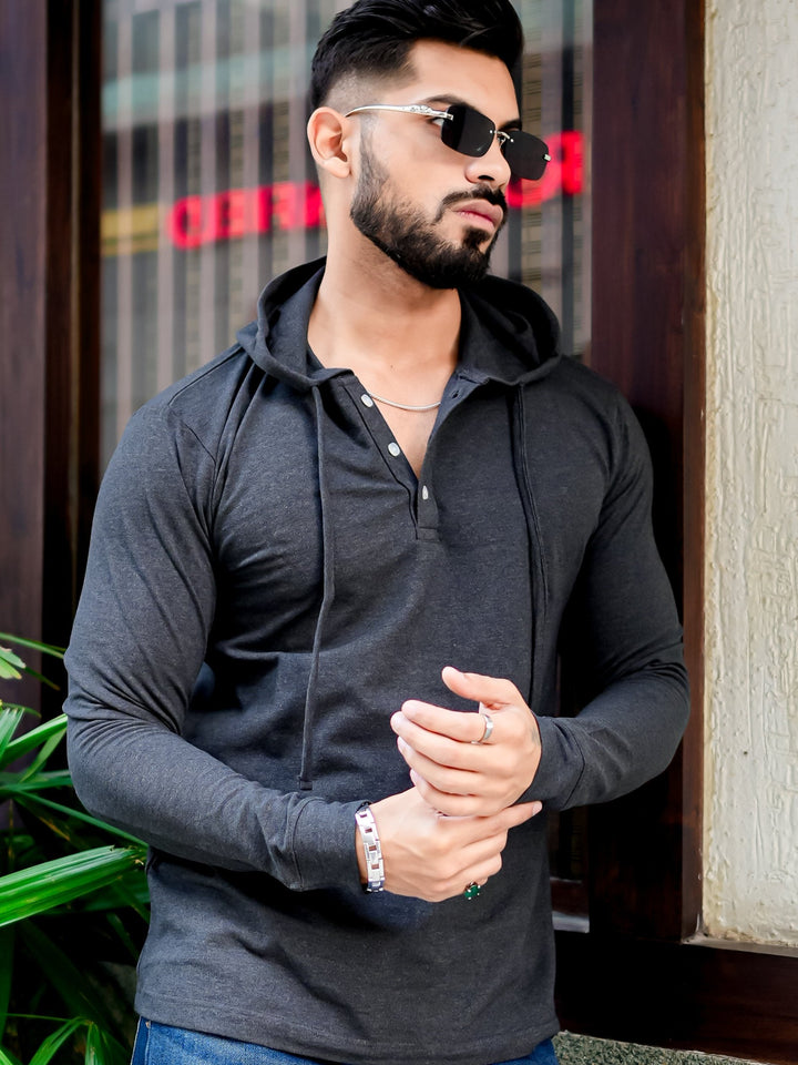 Dark Grey Placket Hooded T-shirt