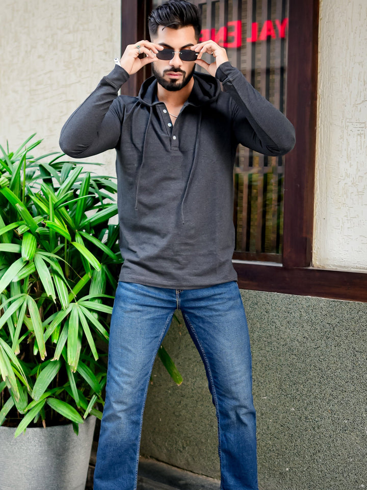 Dark Grey Placket Hooded T-shirt
