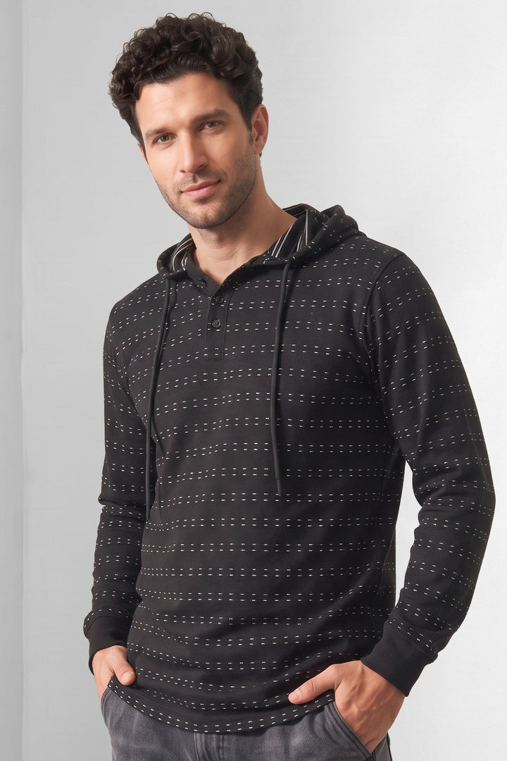Black Dot Striped Button Placket Hooded T-Shirt