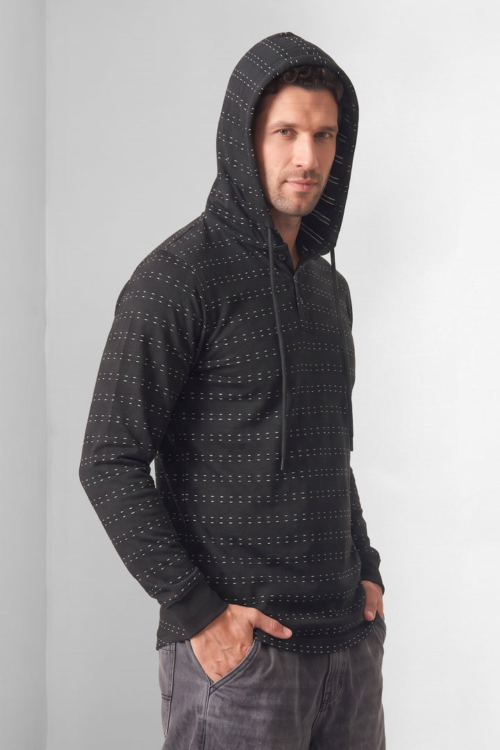 Black Dot Striped Button Placket Hooded T-Shirt