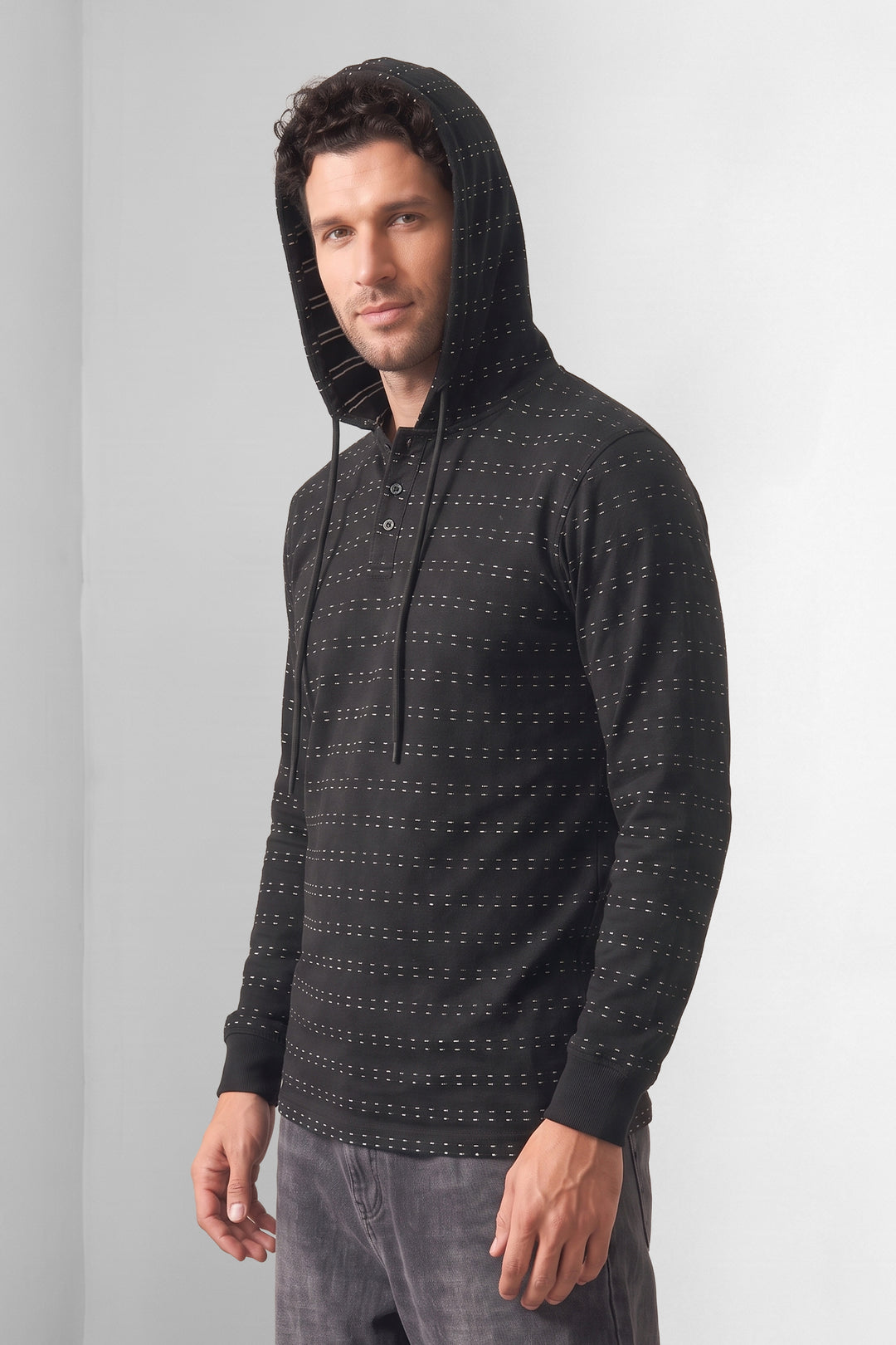 Black Dot Striped Button Placket Hooded T-Shirt