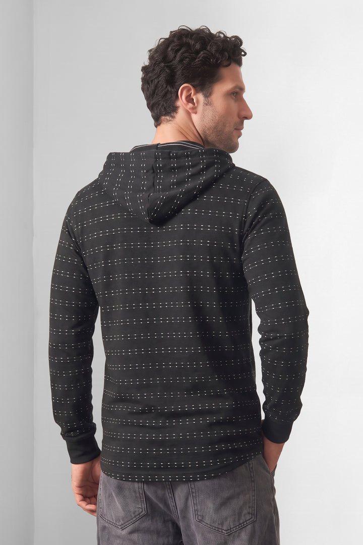 Black Dot Striped Button Placket Hooded T-Shirt