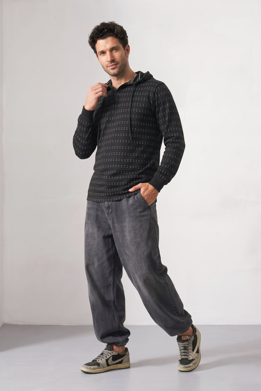 Black Dot Striped Button Placket Hooded T-Shirt