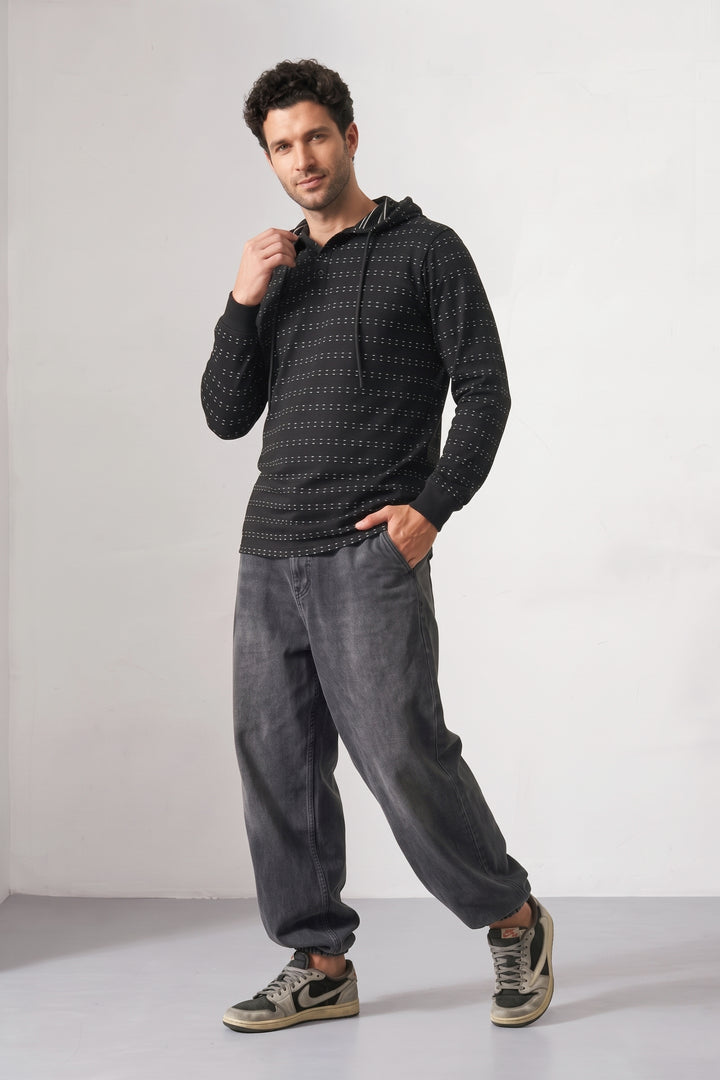 Black Dot Striped Button Placket Hooded T-Shirt