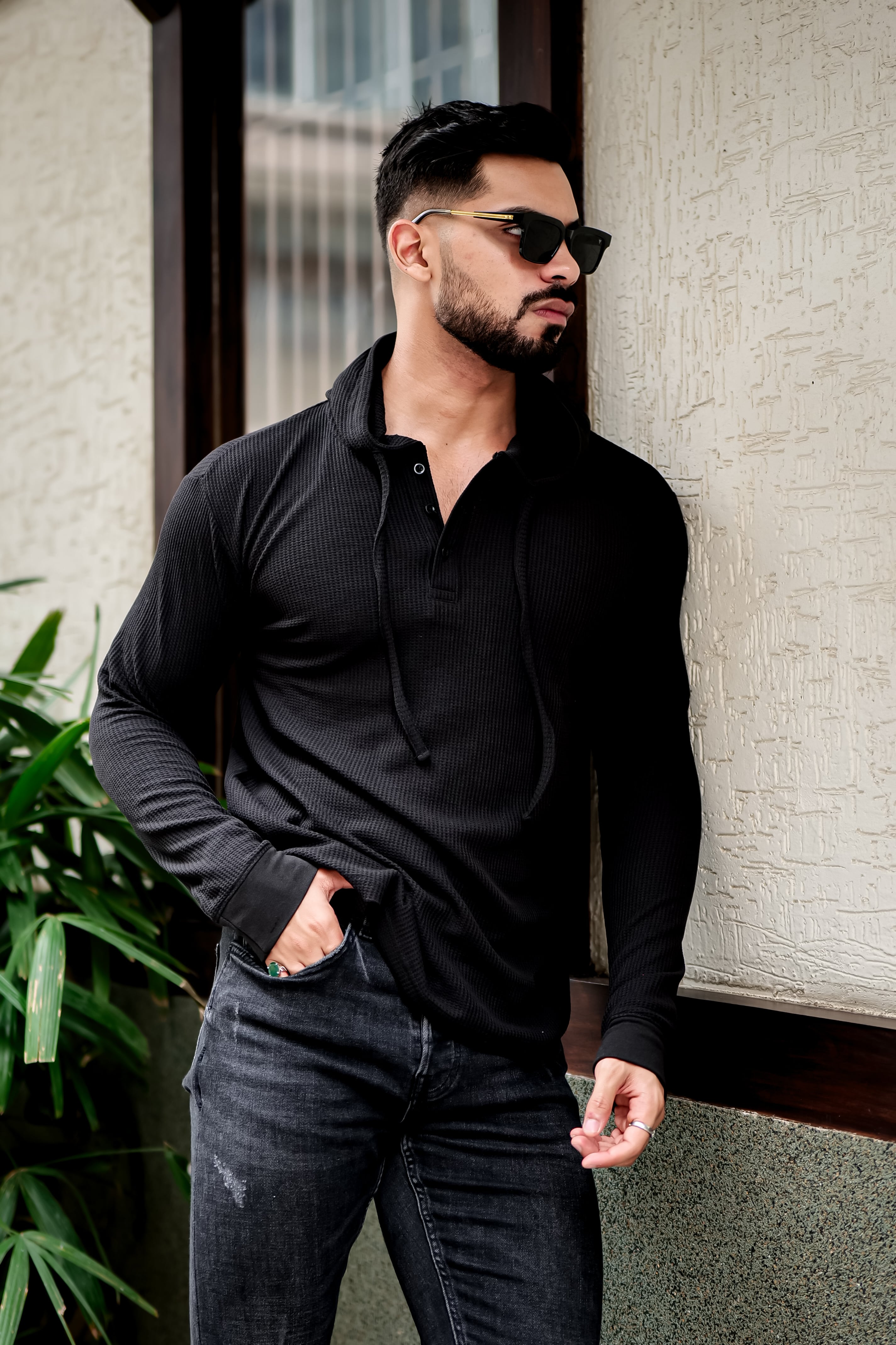 Black Waffle Placket Hooded T-Shirt