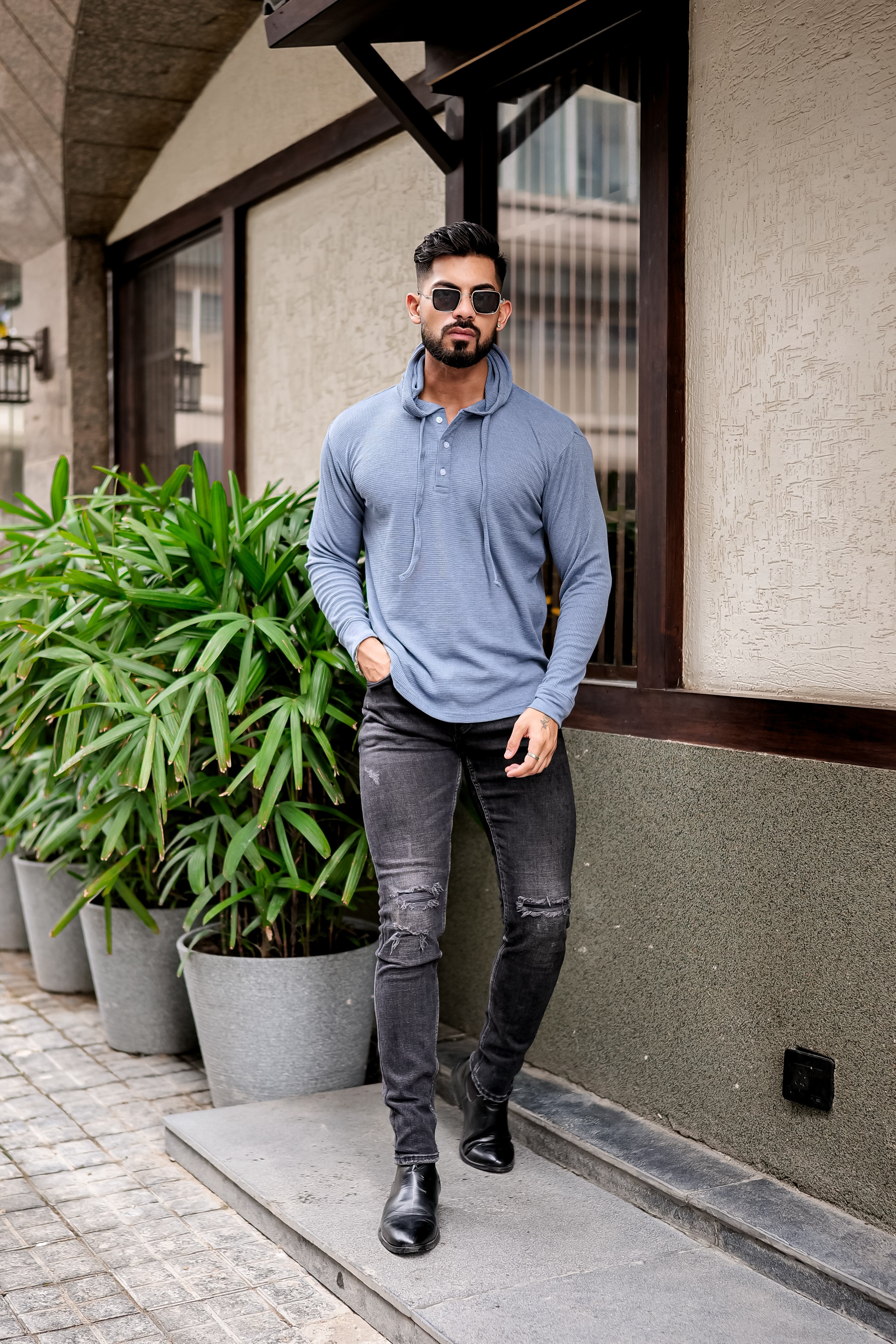 Blue Waffle Placket Hooded T-Shirt