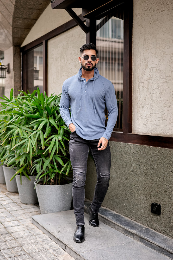 Blue Waffle Placket Hooded T-Shirt