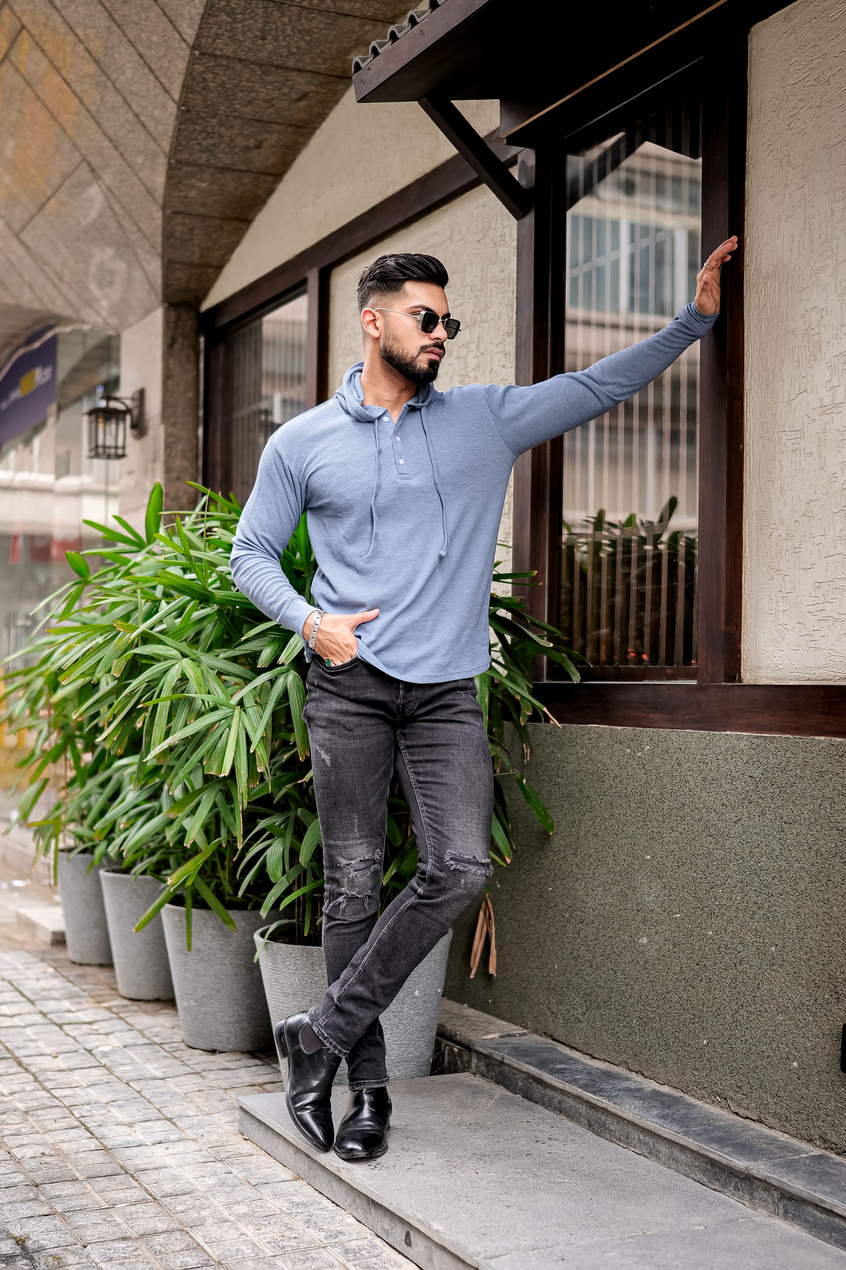 Blue Waffle Placket Hooded T-Shirt