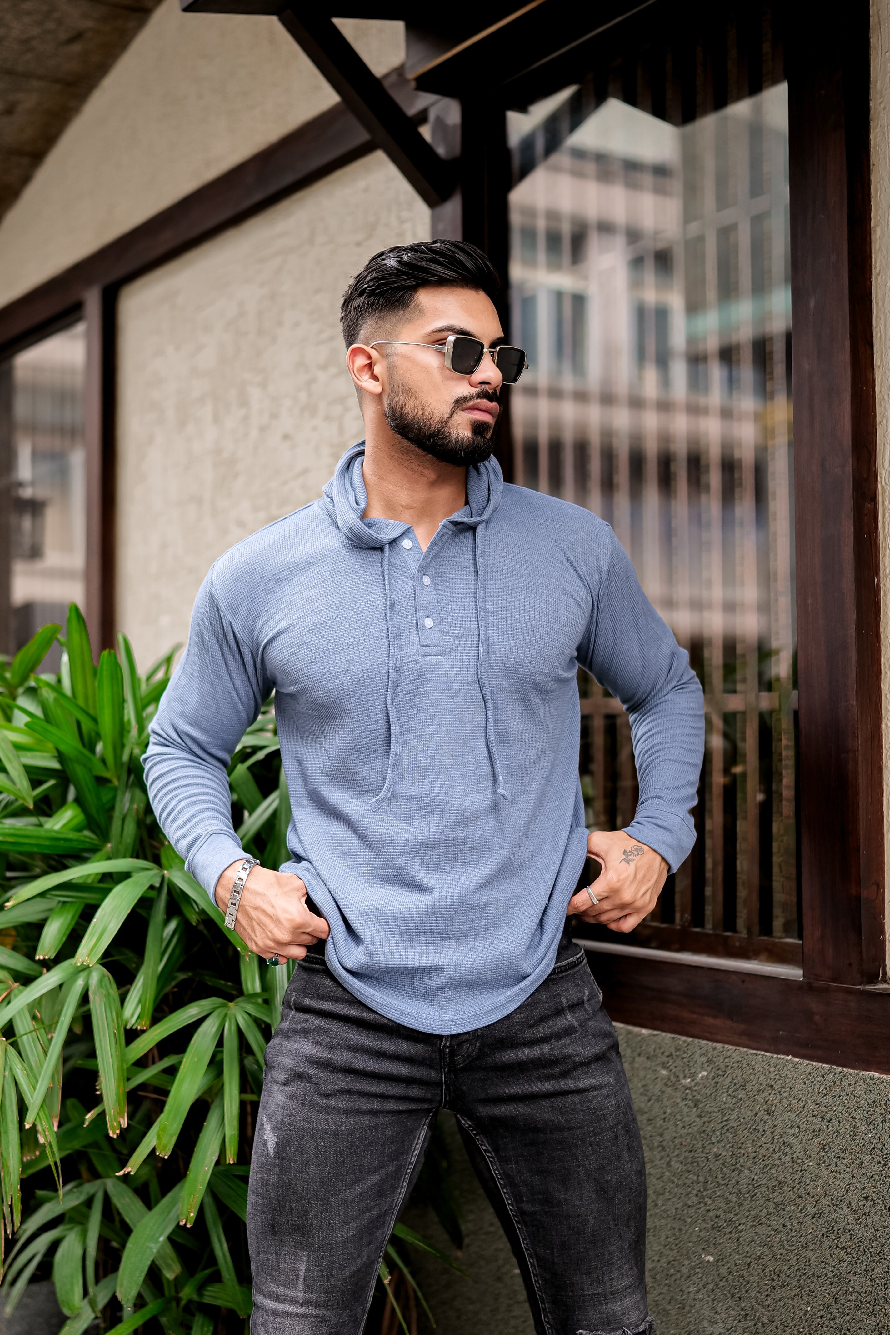 Blue Waffle Placket Hooded T-Shirt