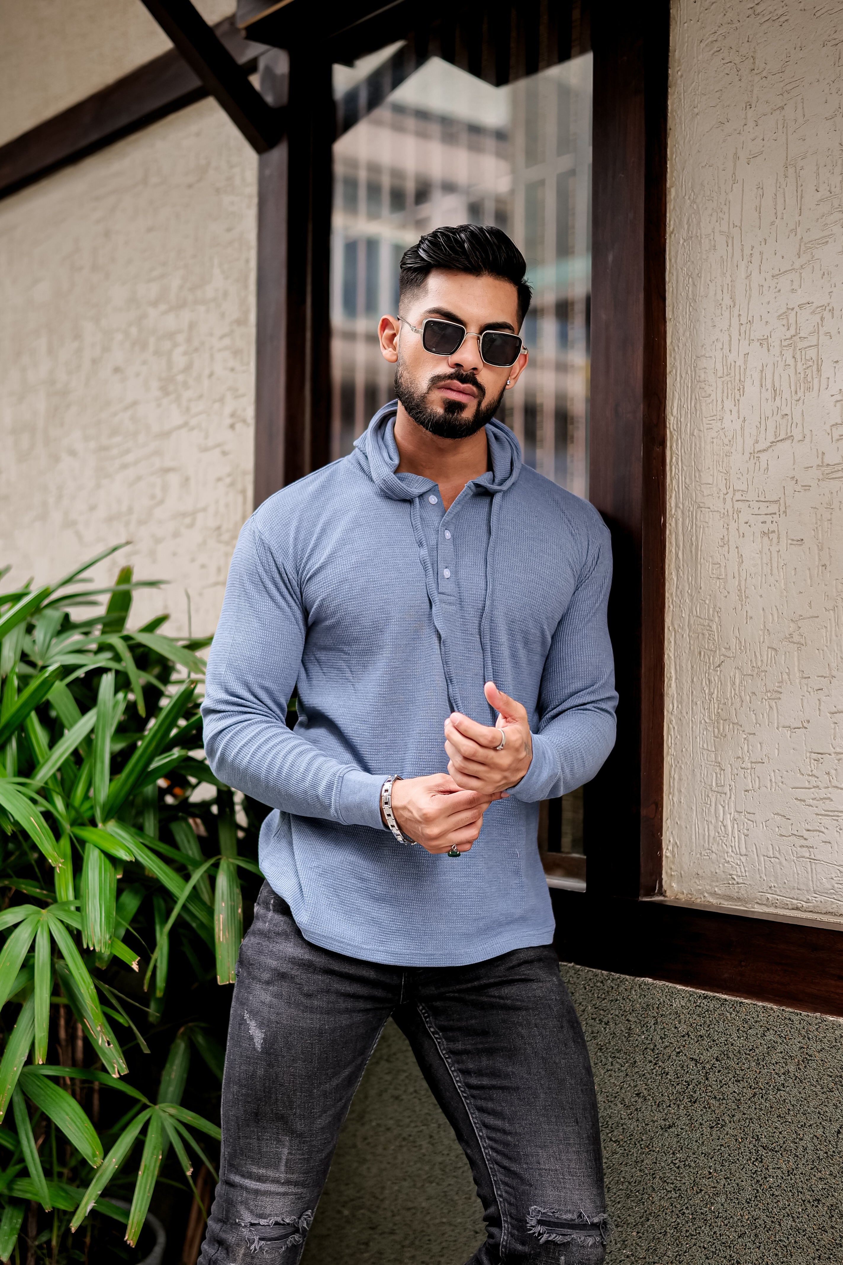 Blue Waffle Placket Hooded T-Shirt