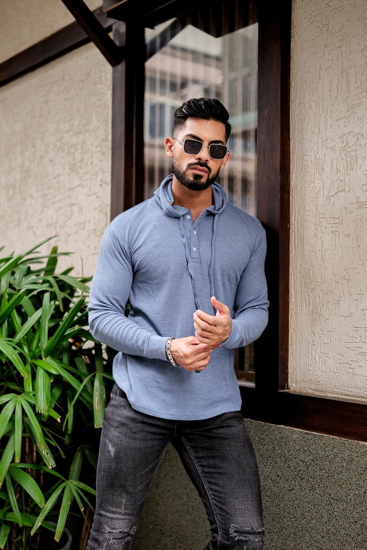 Blue Waffle Placket Hooded T-Shirt